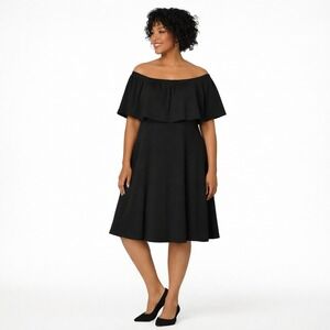 Isaac Mizrahi Live Black Pebble Knit Off‎ Shoulder Midi Dress 2X Fit Flare Party